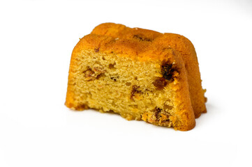 Sliced butter cake on white background