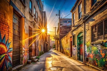 Fototapeta premium W spalonej słońcem alejce wyblakła Nolana rozkwita pośród żywej mozaiki graffiti, jej delikatne płatki