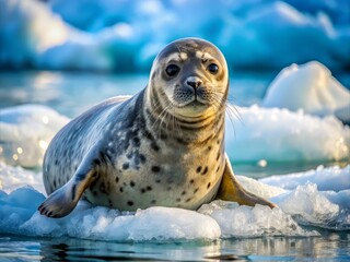 Obraz premium In icy Arctic waters, a ringed seal with thick blubbery fur hauls out on rocky coastline, its piercing