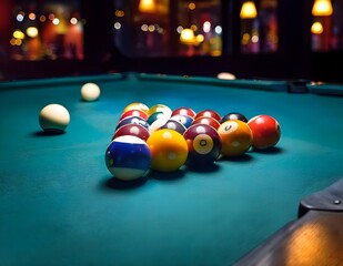 Billiard Balls: Create a scene with billiard balls falling into pockets on a pool table.