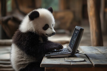 Cute baby panda using a laptop, funny animal at work, panda typing on computer, adorable wildlife image, panda playing with technology, creative panda moment, panda in digital world photo

