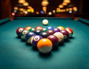 Billiard Balls: Create a scene with billiard balls falling into pockets on a pool table.