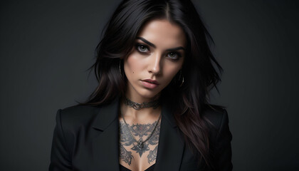 Fototapeta premium Edgy Hispanic Supermodel Portrait Dark Hair, Tattoos, Jewelry in Black Blazer & Foggy Studio Setting - High-Fashion Bad Girl Vibes, Commercial Shoot