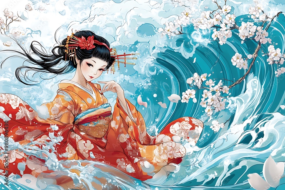 Wall mural Geisha in a Flowing Kimono Surrounded by Cherry Blossoms and Waves.