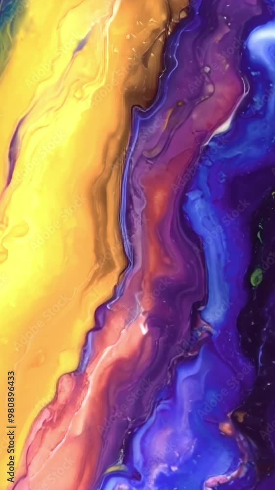 Poster Animated streams of yellow-orange and purple paint create an abstract background with emphasis on volume and movement