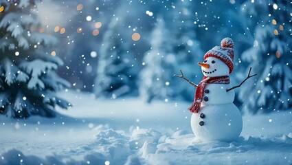 A jolly snowman in a red hat and scarf stands amidst the snow, ideal for a winter holiday greeting card design, Generative AI.