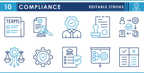 A set of line icons related to Compliance. Rule, regulations, stamp, law, policy, process, and so on. Vector editable stroke.