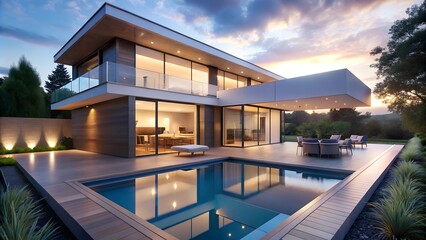 Fototapeta premium Modern style minimalist house exterior overlooking swimming pool at dusk