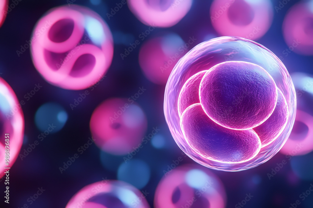 Poster vibrant microscopic view of cells showcasing biological structures and processes in a colorful, abst