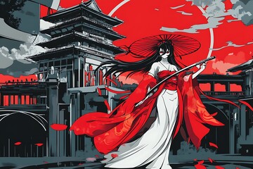 Obraz premium Japanese Woman in Red Kimono With Sword in Hand in Front of Traditional Building.