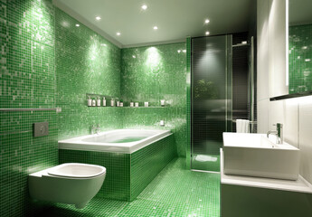 Modern bathroom with green tiles and white walls, glass door to the bathtub, and a toilet in front of it. A mirror is above the sink on the wall.