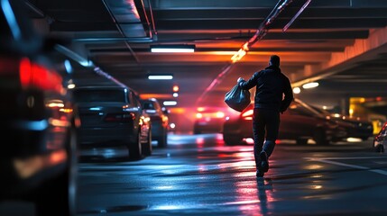 Fototapeta premium Action-packed scene of a robber escaping from a parking garage, holding a bag of stolen goods, with a sense of urgency and suspense