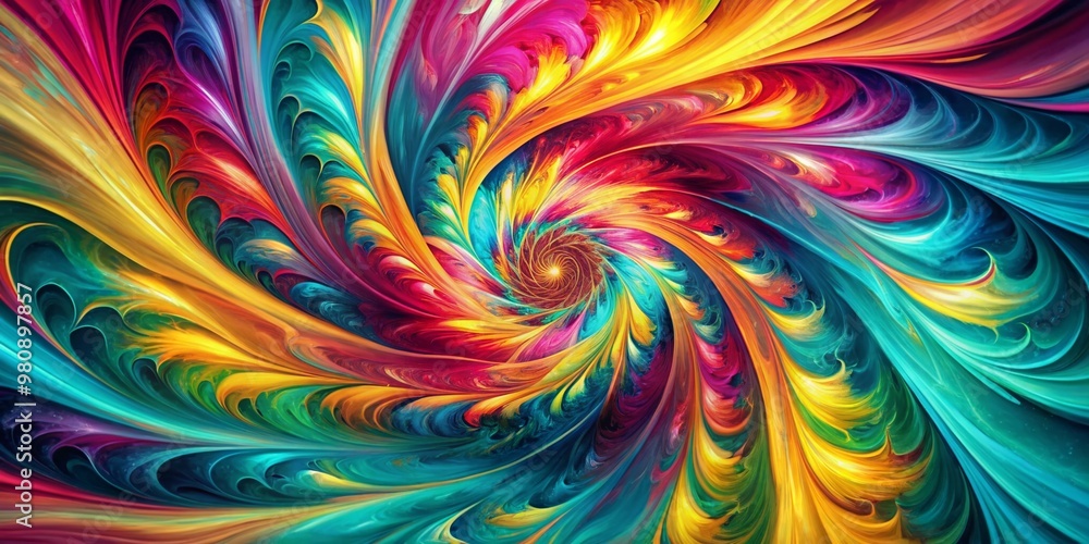 Poster mesmerizing abstract artwork featuring swirling patterns of vibrant colors, blending turquoise, fuch