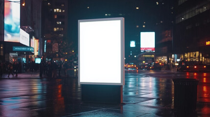 Blank White Billboard Stand Mockup on Rainy City Sidewalk