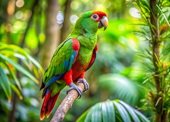 Naklejka premium In the lush tropical foliage, a radiant Green-winged parrot perched on a sturdy branch, its vibrant plumage a