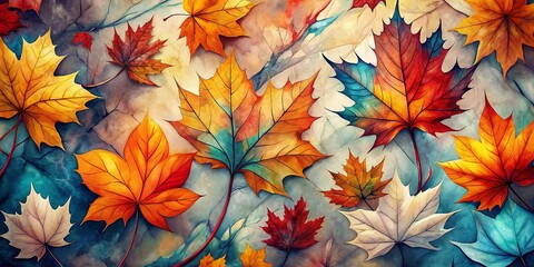 Abstract autumn watercolor art. Bright warm colors, fall leaves marble texture. Generative Ai.