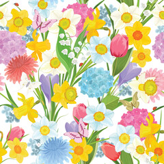 A vibrant floral pattern featuring a variety of colorful flowers and butterflies, perfect for spring-themed designs.