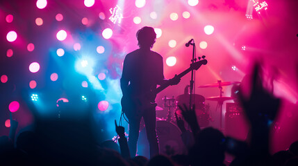 Obraz premium Silhouette of a bassist performing on stage with vibrant pink and blue lighting effects