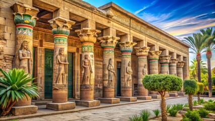 Fototapeta premium Intricately carved granite panels adorn temple walls, showcasing mythical creatures, regal figures, and lush vegetation