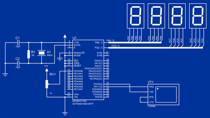Vector electrical schematic diagram. Drawing 
of electronic device for data 
output to seven-segment indicators, 
operating under the control of microcontroller.
Computer cad design.