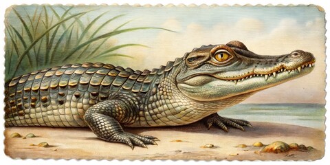 Obraz premium Invasive wires hum in harmony with the swampy air as a cybernetic caiman basks in the warm glow
