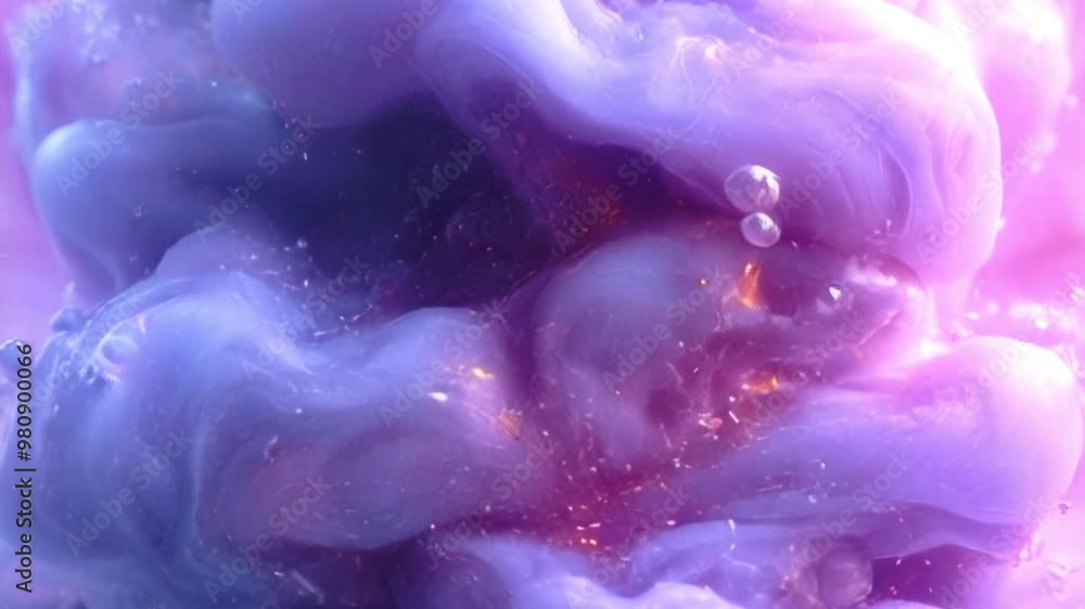Poster shimmering abstract liquid flow with transitions from blue to pink and purple. bright bubbles and sm