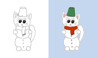 Obraz premium Cute doodle Christmas Kitten line art coloring page. Childish style outline and cartoon cat for kids color book. Adorable before and after sketch illustration