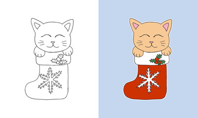 Cute doodle Christmas Kitten line art coloring page. Childish style outline and cartoon cat for kids color book. Adorable before and after sketch illustration