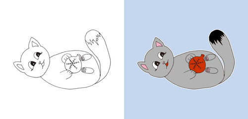Cute doodle Christmas Kitten line art coloring page. Childish style outline and cartoon cat for kids color book. Adorable before and after sketch illustration