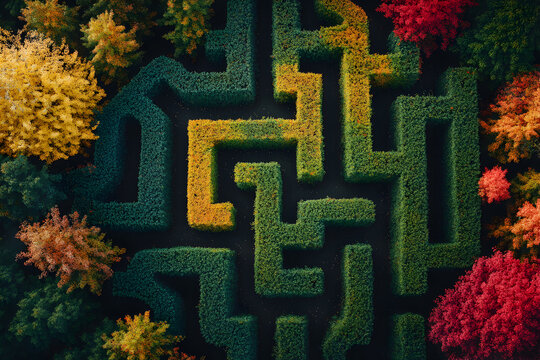 Autumn Maze, Aerial View of a Vibrant Hedge Labyrinth