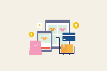 eCommerce App, Online shopping through eCommerce application, App checkout, Secure online shopping, Business using eCommerce app. Vector illustration background.