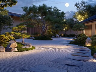 A serene night scene of a beautifully landscaped zen garden illuminated by moonlight, featuring trees, rocks, and patterned sand.