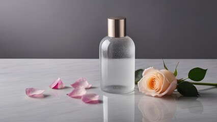 Frosted perfume bottle with pink roses and petals on a marble surface. A minimalist and fresh design, ideal for skincare and fragrance promotions