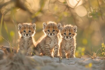 Obraz premium Three Adorable Cheetah Cubs at Sunrise in Natural Habitat