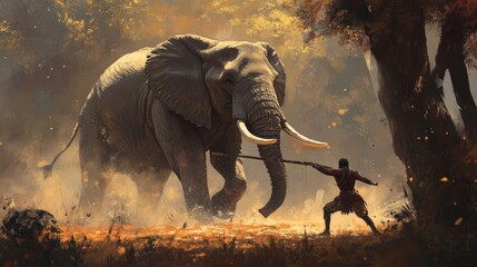 action-packed illustration of a man and an elephant in a combat scenario