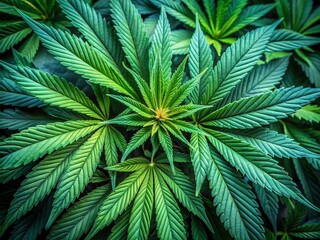 Fototapeta premium Vibrant green marijuana leaves with intricate veins and serrated edges are bunched together, showcasing the unique textures and shapes of the controversial yet medicinal plant.