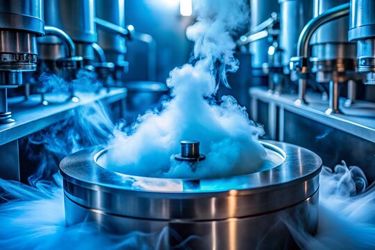 Icy blue cryogenic liquid nitrogen fog swirling around a metallic surface, evoking a sense of intense cold and