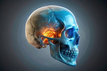 Illuminated 3D illustration of the human skull's coronoid process, a bony prominence on the mandible, highlighted in