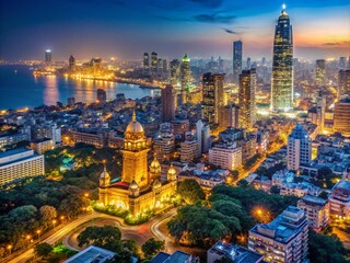 Naklejka premium Illuminated nighttime cityscape of Mumbai, formerly known as Bombay, India, with iconic landmarks and bustling streets