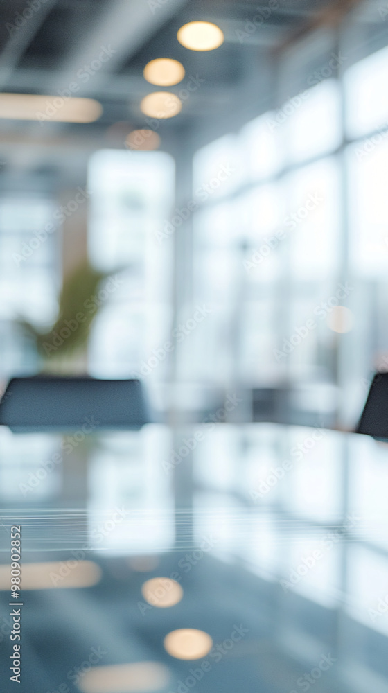 Poster modern office building with large windows, empty conference table bathed in daylight