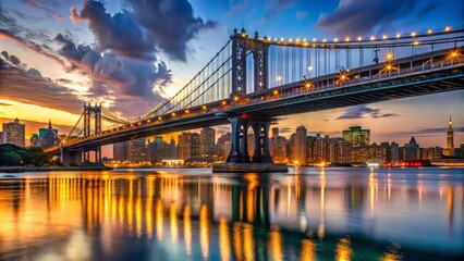 Majestic Manhattan Bridge at Dusk with City Lights Reflecting on East River in New York City