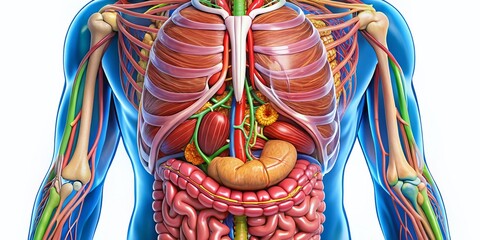 Illustrated anatomical diagram showing detailed structure of human abdominal organs, including stomach, small