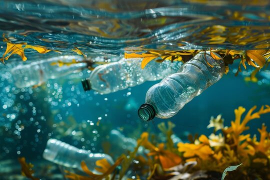 Underwater view of plastic bottles among marine plants highlighting ocean pollution effects in a vibrant aquatic environment