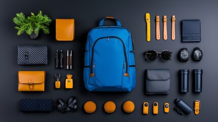 Stylish Backpack and Accessories on Dark Background