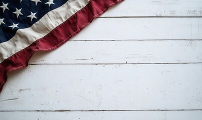 Naklejka premium Using an old American flag on a white wooden background, we create a happy memorial day concept.