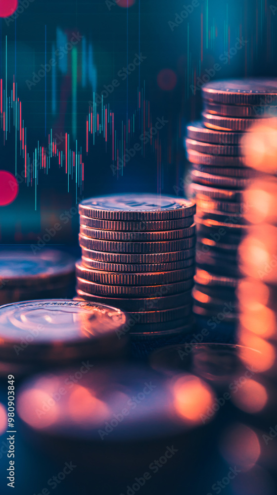Aufkleber piles of coins hinting at increasing earnings with a backdrop of a stock market chart