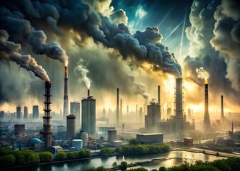 Industrial pollution causes acidic rainfall, harming the environment, as dripping droplets distort urban landscape,