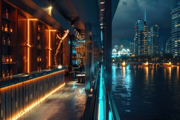 Fototapeta premium A city skyline is visible in the background, with a bar