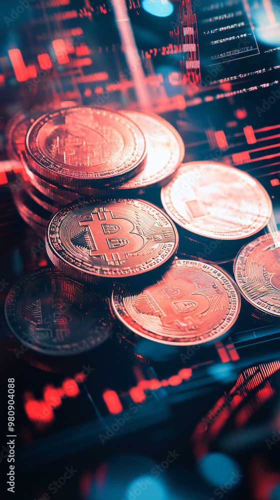 Poster bitcoin cryptocurrency coins displayed on a computer screen with a downward graph indicating a marke