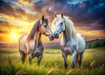 Intimate pair of majestic animals entwined in a serene, sun-drenched meadow, their gentle movements and tender gazes